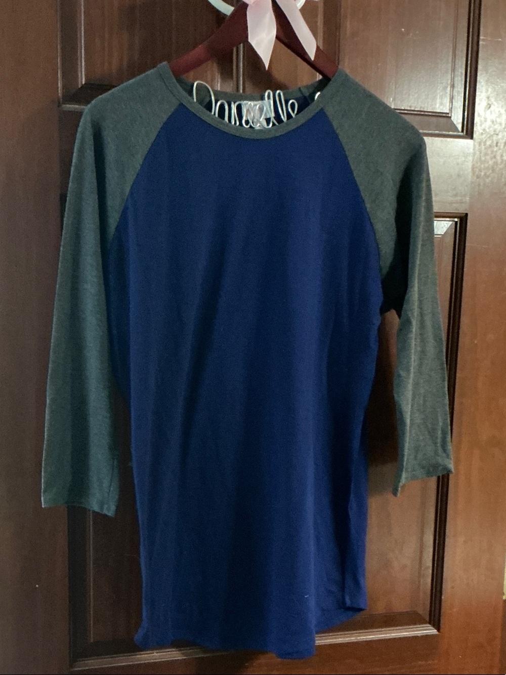 LuLaRoe Women’s Navy Blue with Charcoal Raglan Sleeve Top